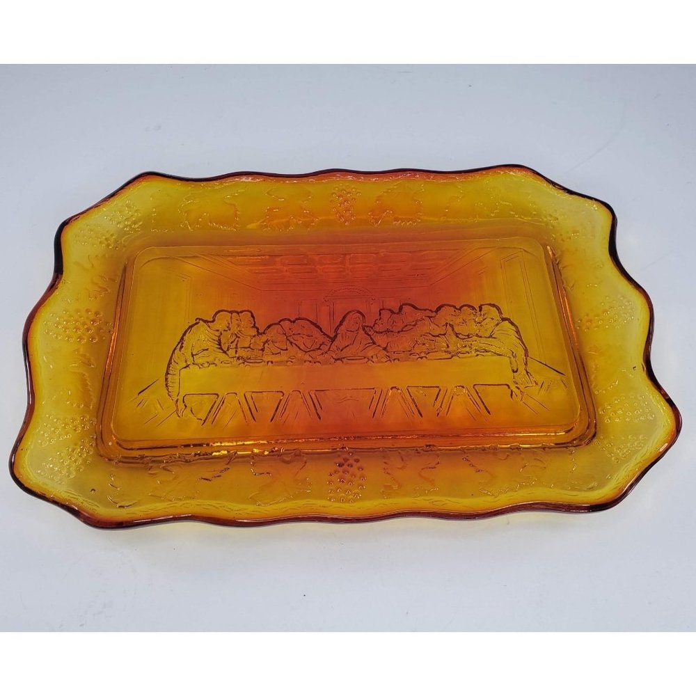 Vintage Indiana Glass Last Supper Amberina Glass Bread Plate Dish Tray